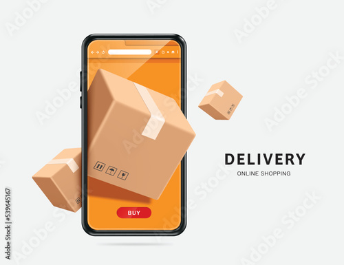 parcel boxes display on smartphone screen and floating around on the air,vector 3d isolated on white background for transport,logistics,delivery and online shopping concept design