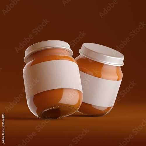 Jars of baby puree isolated on white. Render, 3d illustration. Label, mock up