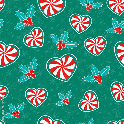 Romantic Christmas. Seamless vector illustration with mistletoe and heart shaped candy canes. Winter backdrop