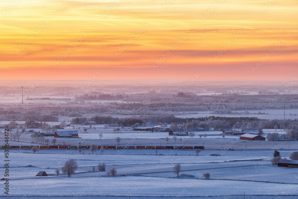 Freight train in a winter landscape at sunset