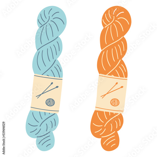 Colorful hank yarn for knitting or crochet. Hand drawn vector illustration of knitting supplies, hobby items, leisure time concept