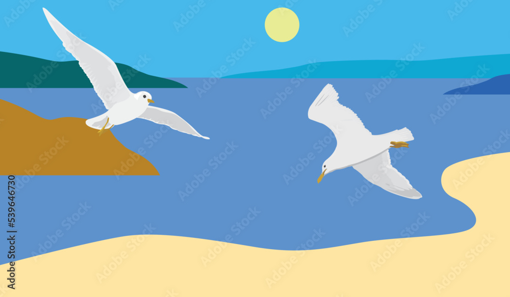 Obraz premium Seascape with waves, cloudy sky and seagulls. Sail on the horizon. Tourism and travelling. Vector design
