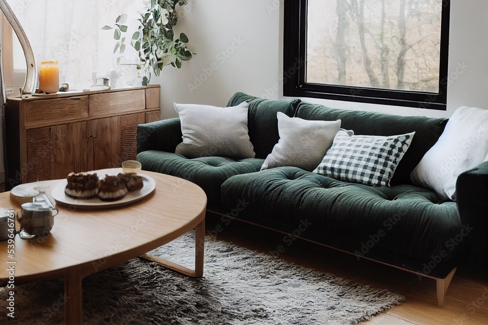 Modern autumn hygge set in living room. Dark green interior elements, soft  pillows, plaid on sofa with chocolate muffin, aroma drink mug on wood tray  and scented candle burning. Hygge home. Stock