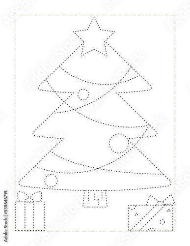 Christmas Tree, Continue the pattern with pen, dotted line practice worksheet for preschoolers