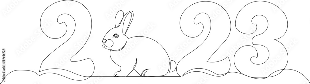 rabbit and 2023 year drawing by one continuous line, vector rabbit and 2023 year drawing by one continuous line, vector