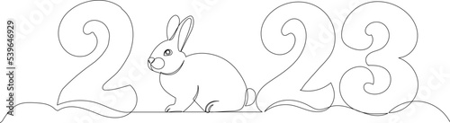 rabbit and 2023 year drawing by one continuous line, vector
