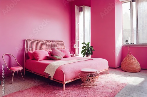 Bedroom interior of wicker armchair  bed and small wicker table on it for breakfast with a pink wall in the background