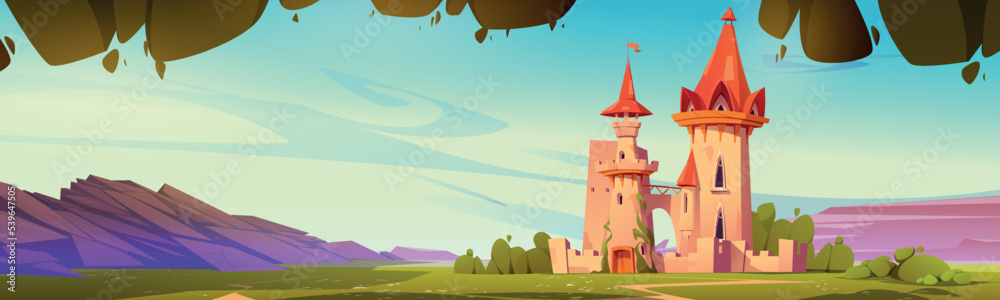 Fairy tale castle in green valley surrounded by mountains under blue sky. Cartoon vector illustration of fantasy kingdom with natural landscape and medieval royal palace. Colorful game background Fairy tale castle in green valley surrounded by mountains under blue sky. Cartoon vector illustration of fantasy kingdom with natural landscape and medieval royal palace. Colorful game background