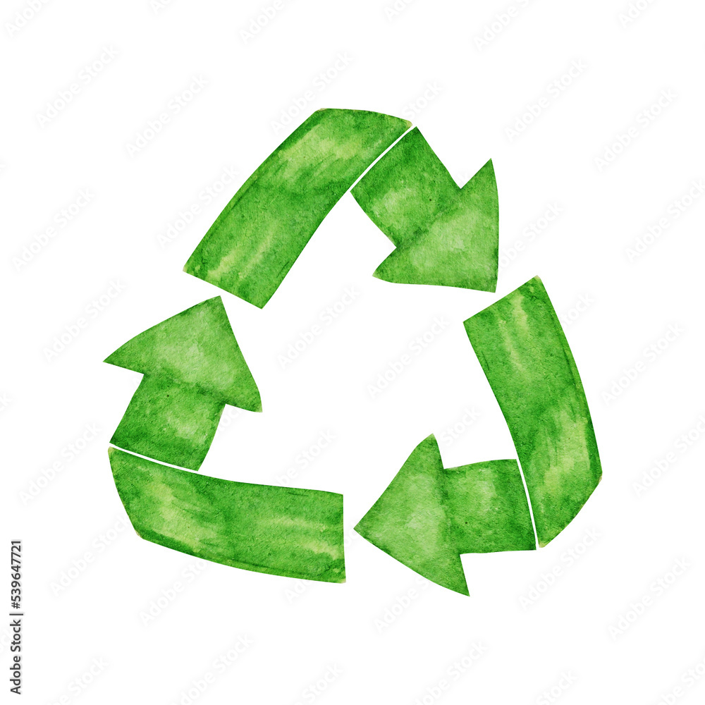 Obraz premium Green Recycled arrows icon. Watercolor hand drawn illustration isolated on transparent background. Ecological design Recycle Reuse Reduce concept. Recycled eco zero waste lifestyle PNG