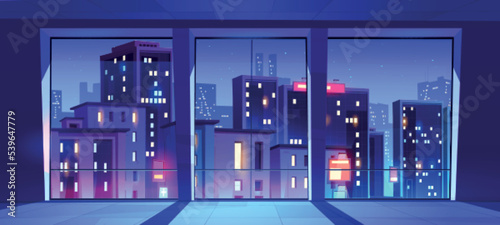 Empty room, night office interior with city view in wide floor-to-ceiling windows. Open space coworking area, art studio workplace place, boardroom for business cooperation Cartoon vector illustration
