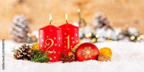 Second 2nd Sunday in advent with candle Christmas time banner panorama copyspace copy space decoration