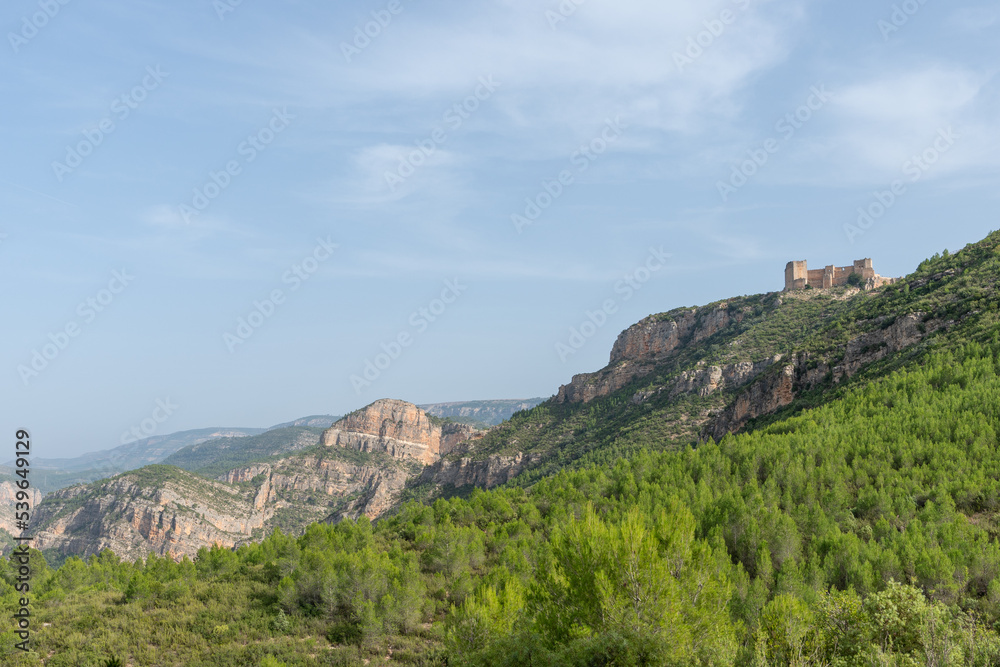 Beautiful landscape photo of the castle of Chirel and mountain cuts with a vegetation of pine and bushes, Valencian community, Spain