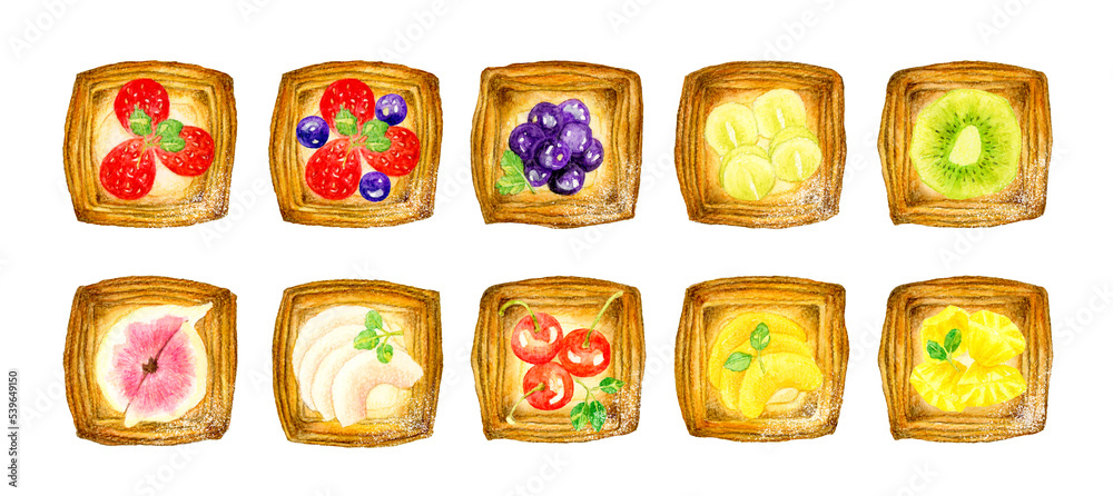 Obraz premium フルーツデニッシュセット 菓子パンの手描き水彩イラスト素材集