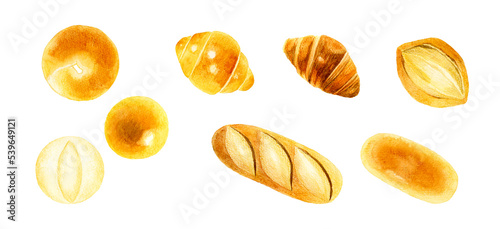 Wallpaper Mural 素材の味を楽しむシンプルなパンのセット　手描き水彩イラスト素材集 Torontodigital.ca