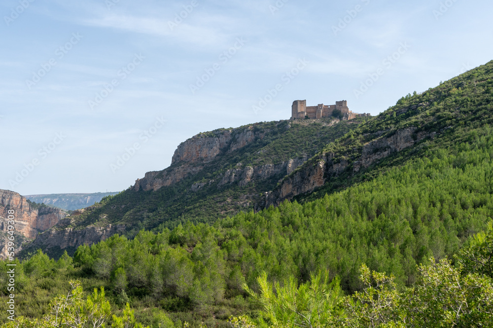 Beautiful landscape photo with mountains and trees and on a mountain cut the Chirel castle in Cortes del Pallas, Valencian community, Spain