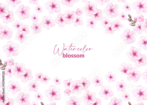 Watercolor floral template of pink cherry, apple, almond or sakura blossoms. Botanical frame of blomming tree. Hand drawn background for wedding design, invitation or stationery card print.