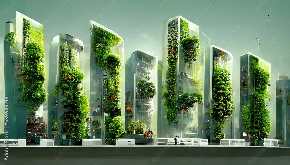 Environment Verticle Vertical Garden on futuristic tall buildings, city of tomorow ...