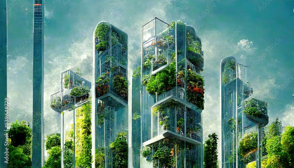 Vertical Garden on futuristic tall buildings, city of tomorow, environmental, movement, green energy and sustainable energy. - obrazy, fototapety, plakaty 