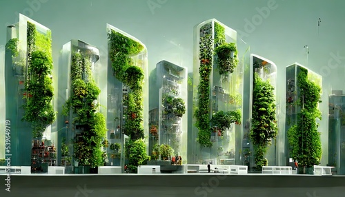 Vertical Garden on futuristic tall buildings, city of tomorow, environmental, movement, green energy and sustainable energy. photo