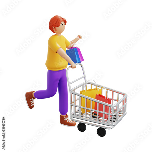 3D Girl holding shopping bags and pushing shopping card full of bags