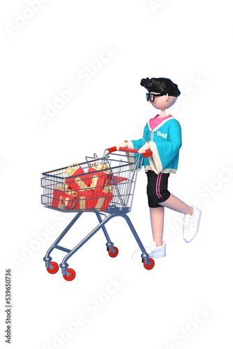 3D Glasses boy pushing a shopping cart full of gifts or presents