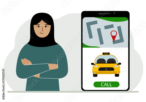 A woman next to a large smartphone on the screen which has a taxi and geolocation. The concept of a mobile taxi application or ordering a taxi online.