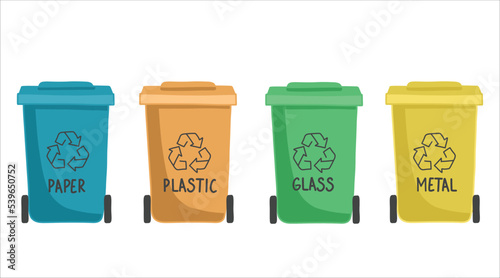 Containers or recycle bins for paper, plastic, glass and metal trash. Concept of separate garbage collection. Dumpsters of different colors isolated on white background. Flat vector illustration