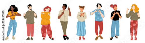 Set of happy people expressing self-love emotions. Female and male flat characters smiling, making hand heart gestures, hugging and rewarding themselves. Concept of self-acceptance. Vector