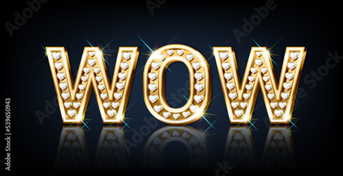 Word WOW is golden with diamonds in the shape of a heart. Jewelry font. 3D realistic style vector illustration.