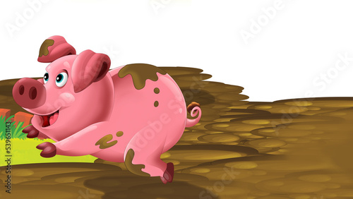 cartoon farm scene with happy pig illustration