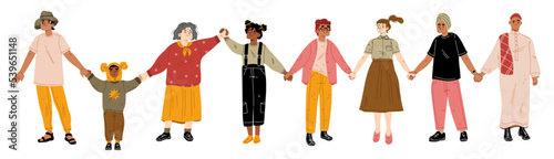 Happy people holding hands isolated on white background. Multiethnic female, male adult characters and children standing in row together and smiling. Friendship, support and unity. Vector illustration