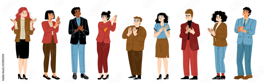 People clap, team congratulate colleague. Cheering and ovation concept with characters applaud stand in line. Men and women support, celebration, appreciation, Cartoon linear flat vector illustration People clap, team congratulate colleague. Cheering and ovation concept with characters applaud stand in line. Men and women support, celebration, appreciation, Cartoon linear flat vector illustration