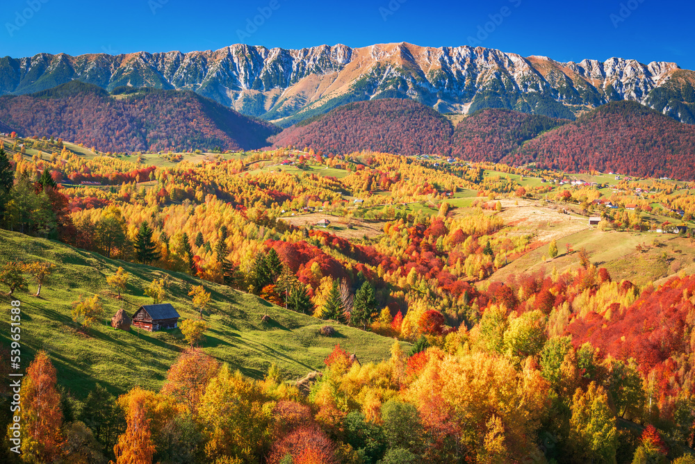 Carpathian Mountains, Piatra Craiului. Autumn landscape with october colors in Tansylvania, Romania.