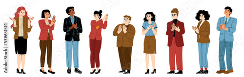 People clap, team congratulate colleague. Cheering and ovation concept with characters applaud stand in line. Men and women support, celebration, appreciation, Cartoon linear flat vector illustration