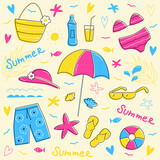 Sea beach elements set. Colorful vector illustration of outline summer icons for vacation.