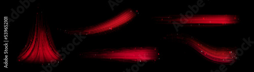 Set of red sparkling flows isolated on black background. Realistic vector illustration of abstract scarlett waves with glitter. Warm air movement. Festive party mood concept. Magic power speed effect