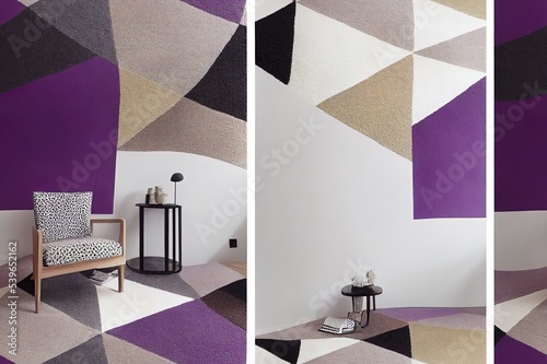 Real photo of a gray, wooden armchair on patterned, black and white rug in creative living room interior with geometric, violet wall and cupboard photo