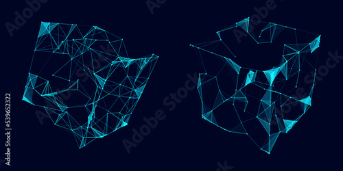 Set of futuristic blue wireframe cubes. Technology blockchain concept. Collection of digital geometric shapes. Vector Illustration.