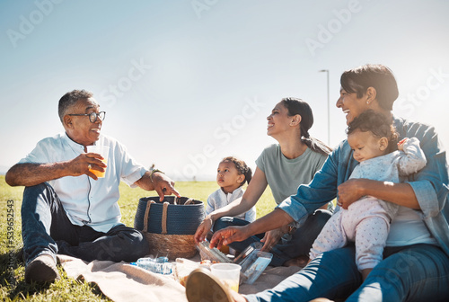 Picnic, juice and big family relax on grass for summer holiday, outdoor wellness and healthy lifestyle together with blue sky mock up. Grandparents, mother and children with food basket in field park