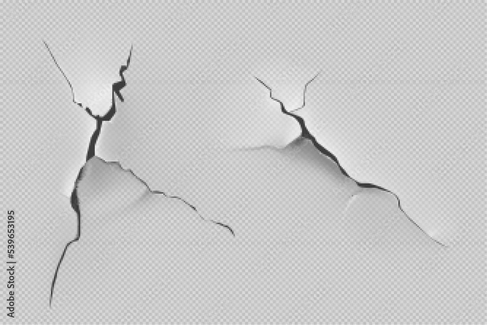 Crack of paint or paper isolated on transparent background. Closeup view of badly fixed building facade wall covered with gaps in stucco with flappy peeling edges Realistic 3d vector illustration Crack of paint or paper isolated on transparent background. Closeup view of badly fixed building facade wall covered with gaps in stucco with flappy peeling edges Realistic 3d vector illustration