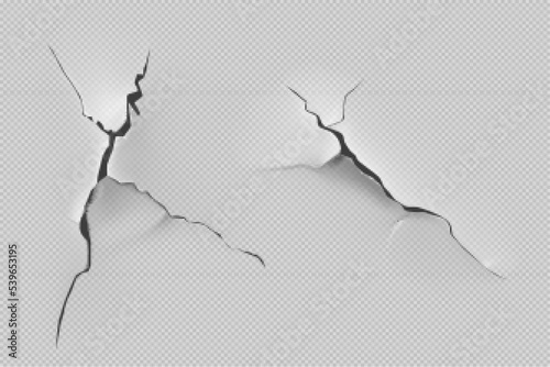 Crack of paint or paper isolated on transparent background. Closeup view of badly fixed building facade wall covered with gaps in stucco with flappy peeling edges Realistic 3d vector illustration photo