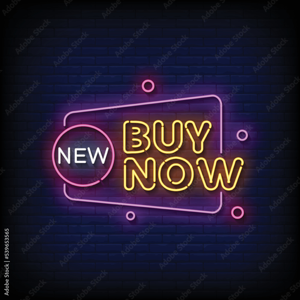 Neon Sign buy now with brick wall background vector