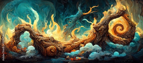 Abstract fantasy woods, ancient oak trees bent and twisted by fiery magical energy, cloudy ethereal swirls and dreamy fantasia world filled with wonder and mythical mystery. © SoulMyst
