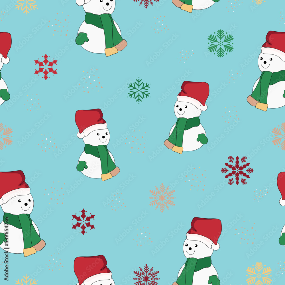 Snowman seamless pattern. Christmas pattern. Snowman with scarf and santa claus hat. Snowflakes and snow. Prints, packaging template, wrapping paper, textiles and wallpaper.