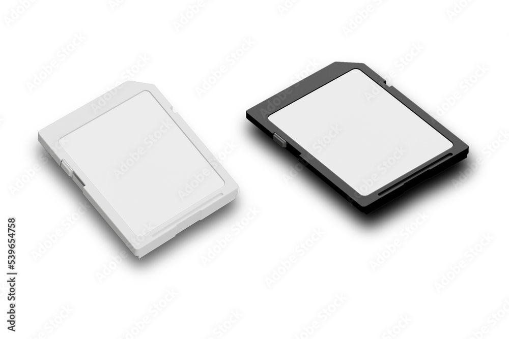 Black and white memory SD card mockup isolated on white background. 3d rendering. Black and white memory SD card mockup isolated on white background. 3d rendering.
