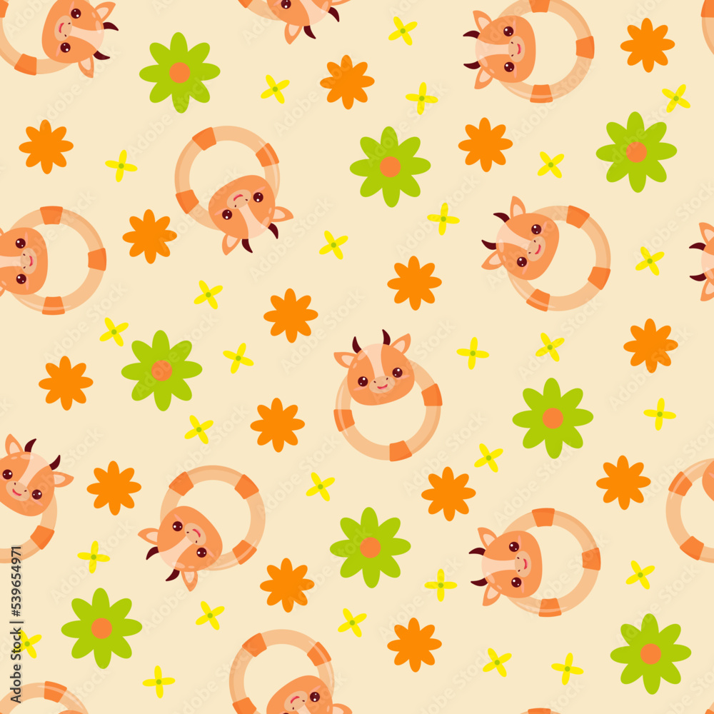 Obraz premium Seamless pattern with animals on a yellow background. A pattern with a baby rattle in the form of a cow. Kawaii animals