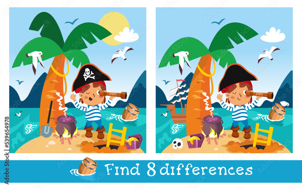 Educational game, puzzle for children. Find 8 differences. Cute pirate on desert island. Ocean, palm tree, nature. Vector illustration. Educational game, puzzle for children. Find 8 differences. Cute pirate on desert island. Ocean, palm tree, nature. Vector illustration.