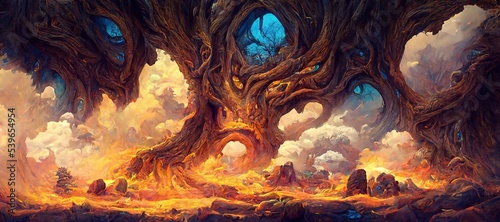Abstract fantasy woods, ancient oak trees bent and twisted by fiery magical energy, cloudy ethereal swirls and dreamy fantasia world filled with wonder and mythical mystery.