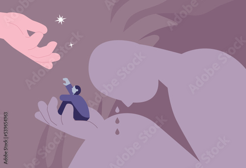 A woman in need sits in the hands of a huge, negative human shadow. A big helping hand appears and is about to take her hand. flat vector illustration.