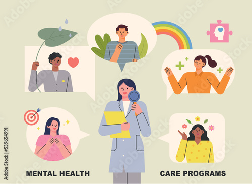 Professional solutions for a positive mentality. A group of smiling people around the experts. flat vector illustration.